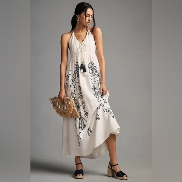 FARM RIO White Embroidered Halter Maxi Dress